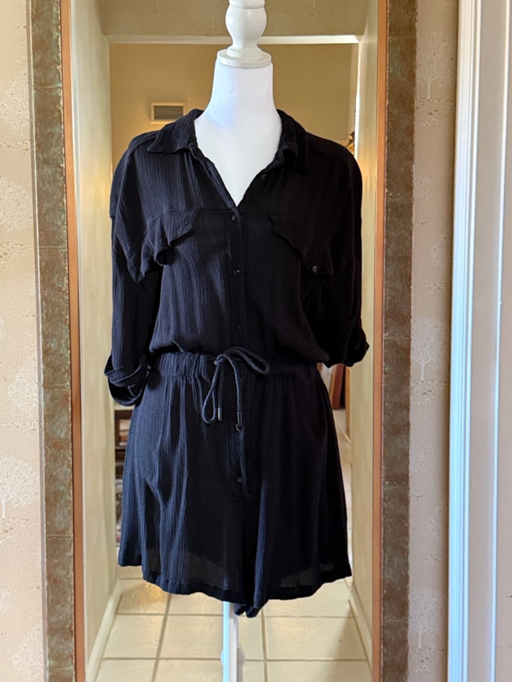 Elan Black Button-Front Romper with Drawstring Waist